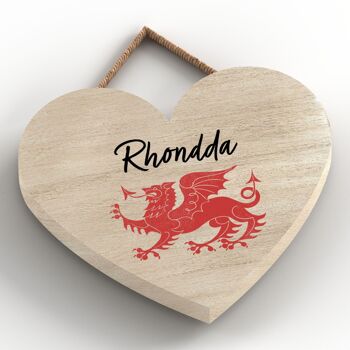 P4614 - Rhondda Welsh Dragon Location Plaque à Suspendre Coeur en Bois 2