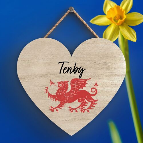 P4616 - Tenby Welsh Dragon Location Wooden Heart Hanging Plaque