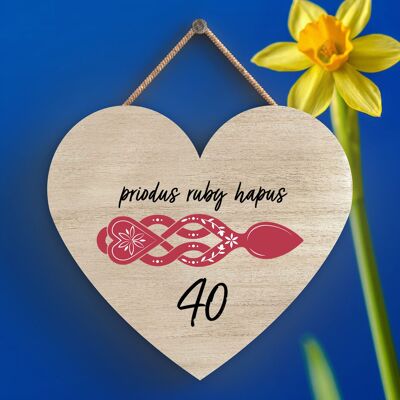 P4621 - Placca da appendere a forma di cuore in legno con cucchiaio d'amore gallese per 40° anniversario di matrimonio