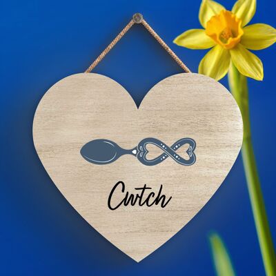 P4625 - Cwtch Cuddle Welsh Love Spoon Wooden Heart Hanging Plaque