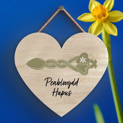 P4626 - Penblwgdd Hapus Happy Anniversary Welsh Love Spoon Wooden Heart Hanging Plaque