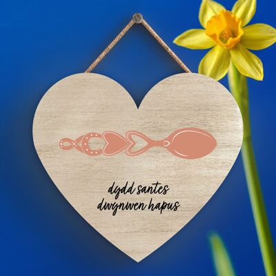 P4627 - Dydd Santes Dwgnwen Hapus Valentines Welsh Love Spoon Placca a cuore in legno