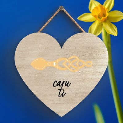 P4630 - Caru Ti Love You Welsh Love Spoon Wooden Heart Hanging Plaque