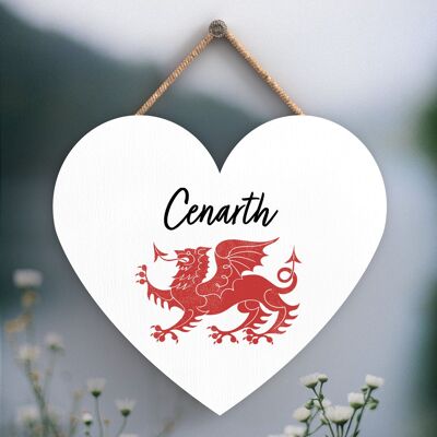 P4631 - Cenarth Welsh Dragon Ubicación Corazón de Madera Placa Colgante