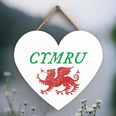 P4632 - Cymru Welsh Dragon Location Wooden Heart Hanging Plaque