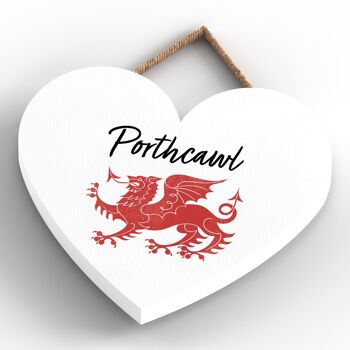 P4633 - Porthcawl Welsh Dragon Emplacement Plaque à Suspendre Coeur en Bois 4