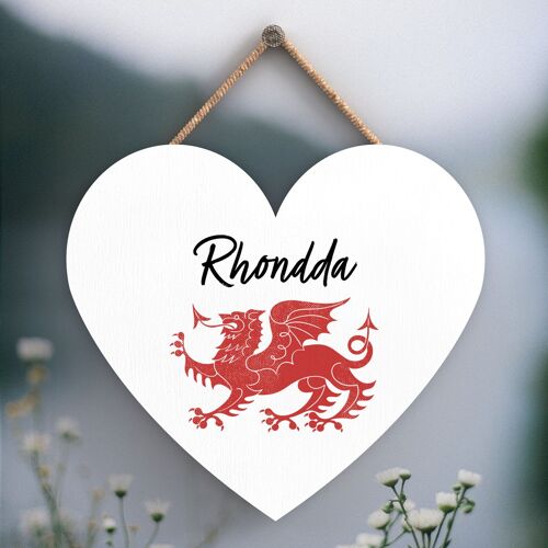 P4634 - Rhondda Welsh Dragon Location Wooden Heart Hanging Plaque