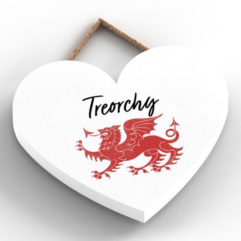P4637 - Treorchy Welsh Dragon Location Plaque à Suspendre Coeur en Bois 2