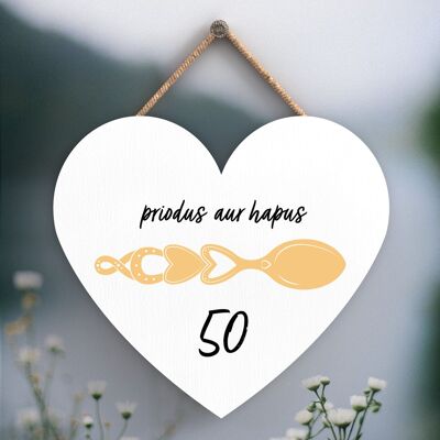 P4642 - 50th Wedding Anniversary Welsh Love Spoon Corazón de madera Placa colgante
