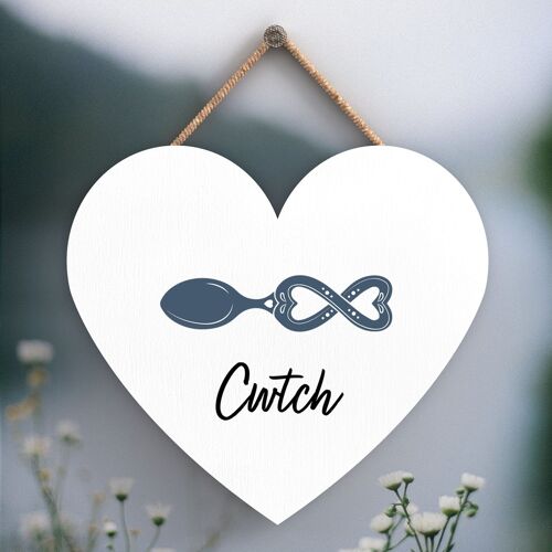 P4645 - Cwtch Cuddle Welsh Love Spoon Wooden Heart Hanging Plaque