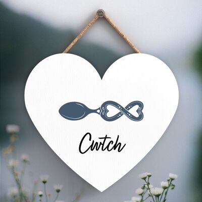 P4645 - Cwtch Cuddle Welsh Love Spoon Placca da appendere a forma di cuore in legno