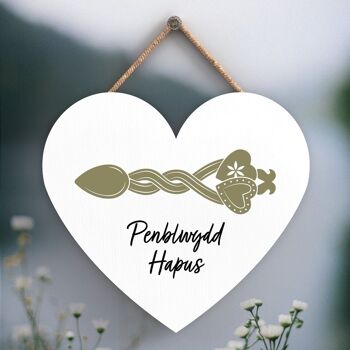 P4646 - Penblwgdd Hapus Happy Anniversary Welsh Love Spoon Plaque à suspendre en bois avec cœur 1