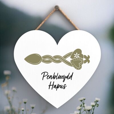 P4646 - Penblwgdd Hapus Happy Anniversary Welsh Love Spoon Wooden Heart Hanging Plaque
