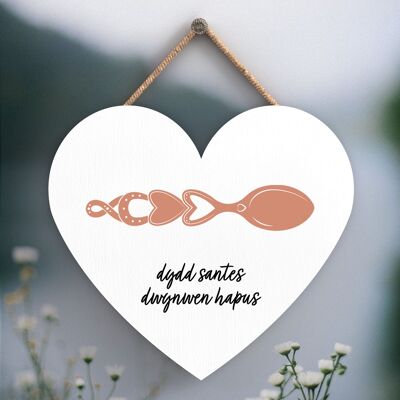 P4647 - Dydd Santes Dwgnwen Hapus Valentines Welsh Love Spoon Placca a cuore in legno