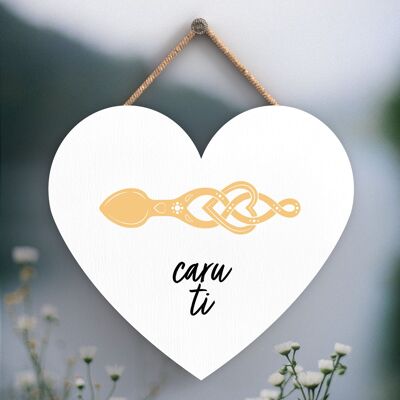 P4650 - Caru Ti Love You Welsh Love Spoon Corazón de Madera Placa Colgante