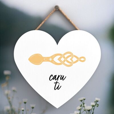 P4650 - Caru Ti Love You Welsh Love Spoon Wooden Heart Hanging Plaque