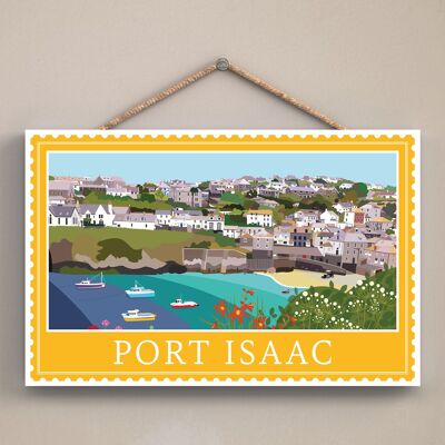 P4661 - Port Isaac Opere di K Pearson Seaside Town Illustrazione Targa da appendere in legno