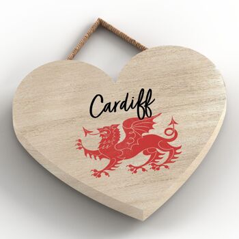 P4706 - Cardiff Welsh Dragon Location Plaque à Suspendre Coeur en Bois 2