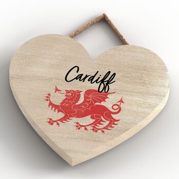 P4706 - Cardiff Welsh Dragon Location Plaque à Suspendre Coeur en Bois 4
