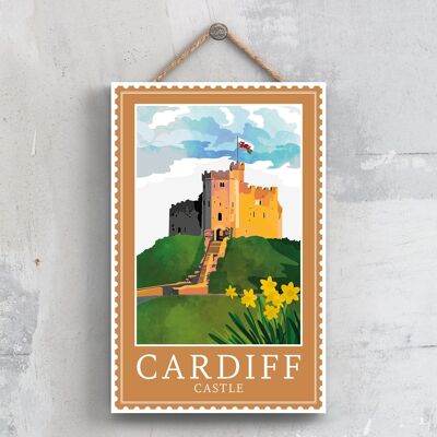 P4723 - Placa decorativa para colgar en la pared estilo sello con ilustración del castillo de Cardiff