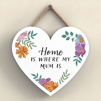 P4747 - Home Is Where Mum Is Mothers Day Floral Heart Shaped Hanging Plaque