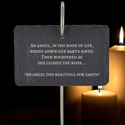 P4758 - Placa conmemorativa junto a la tumba para niños y bebés Un ángel demasiado hermoso para la tierra Estaca para la tumba Adorno Cita Poema Pizarra