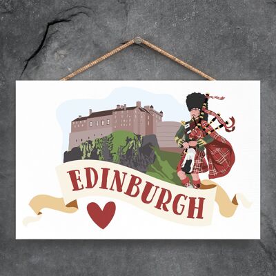 P4831 – Edinburgh Castle Schotte spielt Dudelsack auf Schottland Thema Holzschild zum Aufhängen