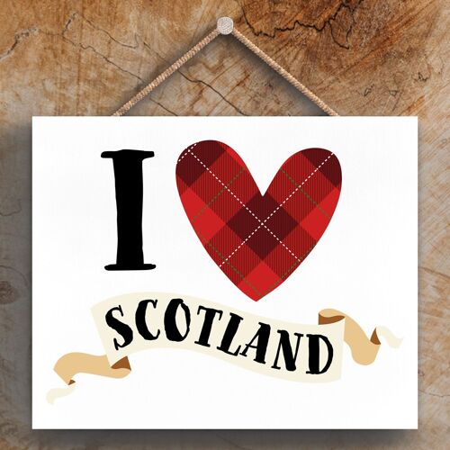 P4853 - I Love Scotland Tartan Theme Wooden Hanging Plaque