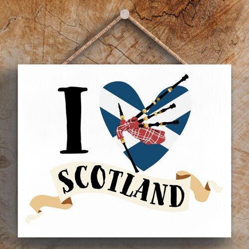 P4854 - I Love Scotland Bagpipe Theme Wooden Hanging Plaque