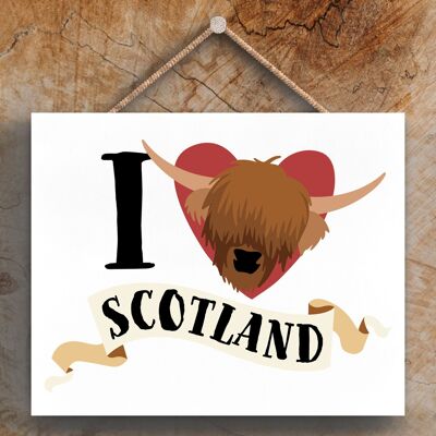 P4857 – I Love Scotland Highland Cow Thema Holzschild zum Aufhängen