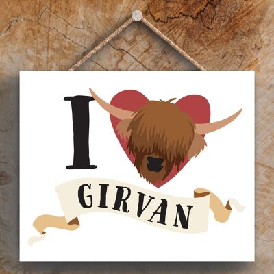 P4857_GIRVAN - Targa da appendere in legno a tema I Love Girvan Highland Cow