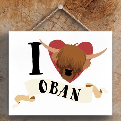 P4857_OBAN - Targa da appendere in legno a tema I Love Oban Highland Cow