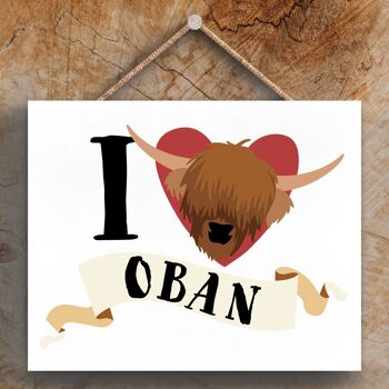 P4857_OBAN - I Love Oban Highland Cow Thème Plaque à suspendre en bois 1