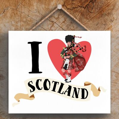 P4860 - Targa da appendere in legno a tema I Love Scotland Bagpiper