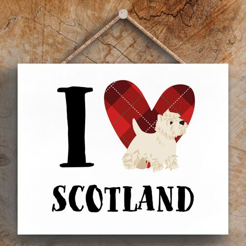 P4861 - I Love Scotland Westie Theme Wooden Hanging Plaque