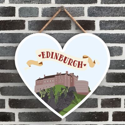 P4864 - Targa da appendere in legno a tema Castello di Edimburgo cuore Scozia