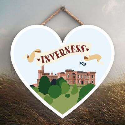 P4880 - Placa Colgante de Madera con Tema Corazón Escocia Inverness Castle