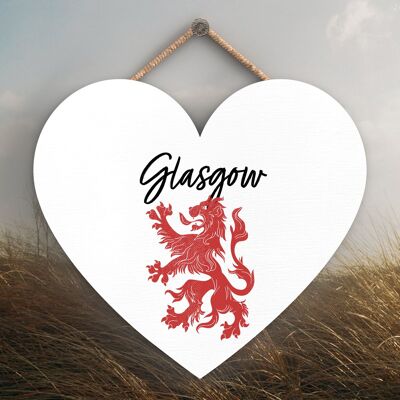 P4884 - Placca da appendere in legno a tema Scozia con cuore di leone rampante di Glasgow