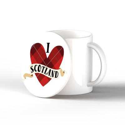 P4896 - I Love Scotland Tartan Cuore su un sottobicchiere in ceramica a tema Scozia