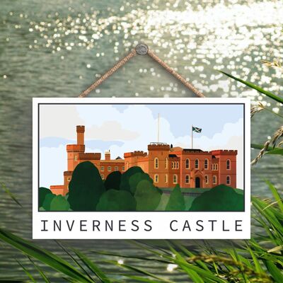 P4914 - Placa de madera con ilustración de paisaje escocés del día del castillo de Inverness
