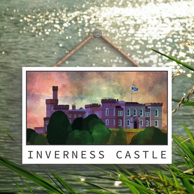 P4915 - Placa de Madera Ilustración Paisaje Escocia Noche Castillo Inverness