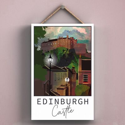 P4961 - Placa de Madera Ilustración Paisaje Escocia Noche Castillo de Edimburgo