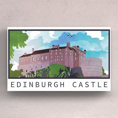 P4970 - Magnete in legno con illustrazione del paesaggio della Scozia del giorno del castello di Edimburgo