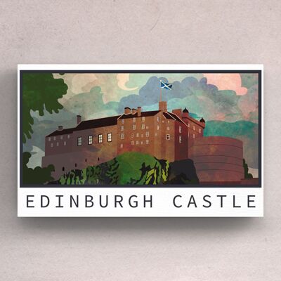 P4971 - Magnete in legno con illustrazione del paesaggio della Scozia notturna del castello di Edimburgo