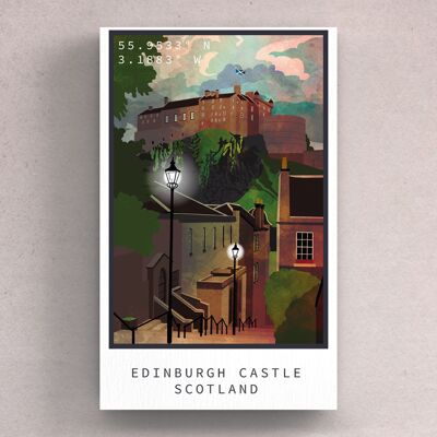 P4973 - Imán de madera con ilustración de paisaje escocés nocturno del Castillo de Edimburgo