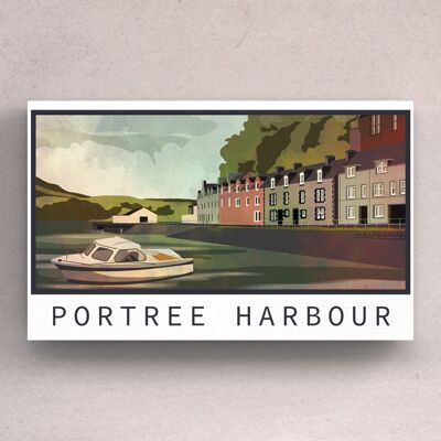 P4985 - Imán de madera con ilustración de paisaje escocés de la noche del puerto de Portree