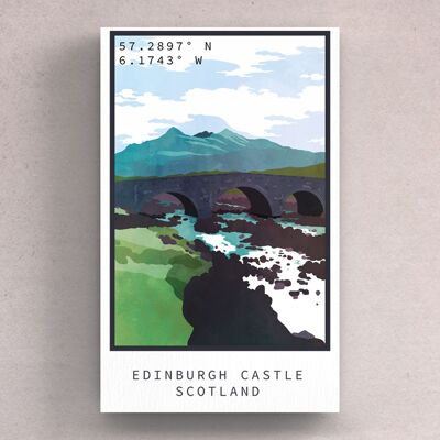 P4988 - Imán de madera con ilustración de paisaje escocés del día del puente de Sligachan