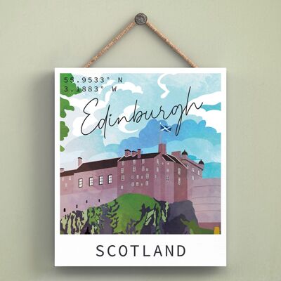 P4990 - Placa de madera con ilustración de paisaje escocés del día del castillo de Edimburgo
