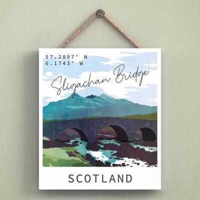 P4998 - Placa de madera con ilustración de paisaje escocés del día del puente de Sligachan
