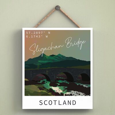 P4999 - Placa de madera con ilustración de paisaje escocés nocturno del puente Sligachan